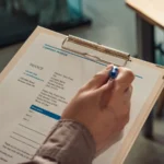 Tangan memegang faktur perusahaan di clipboard sebagai representasi piutang usaha